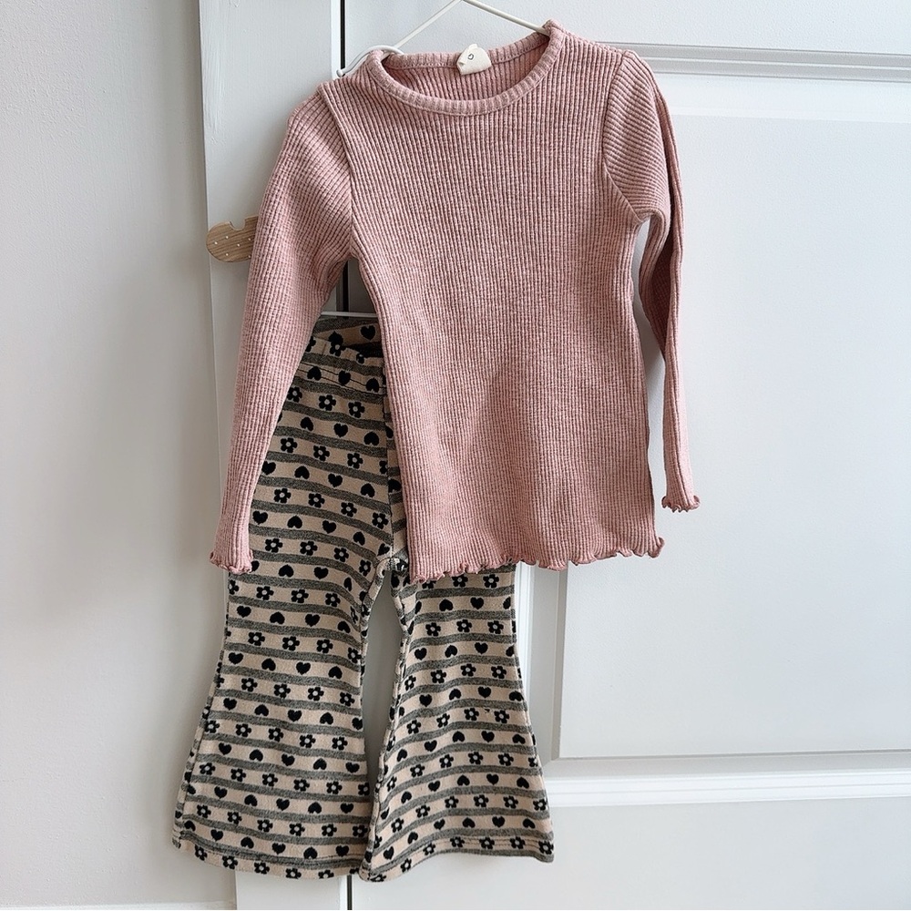 Pink Ribbed Top and Patterned Pants Set